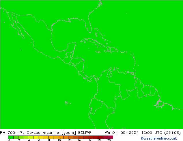 700 hPa Nispi Nem Spread ECMWF Çar 01.05.2024 12 UTC