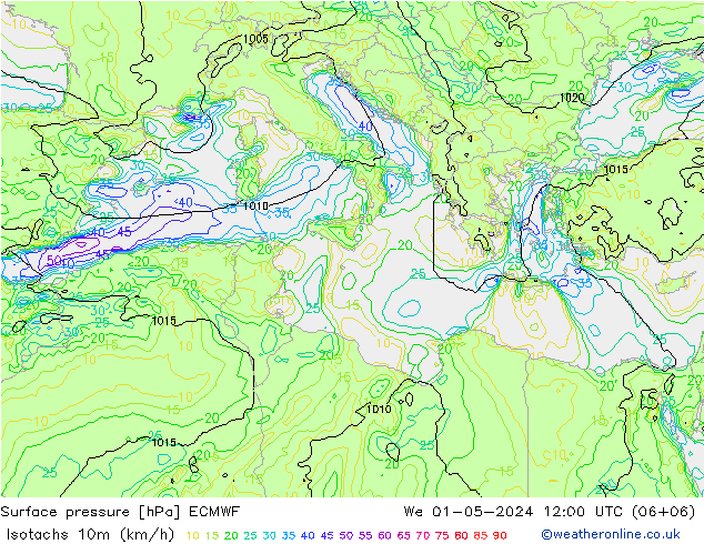 Isotachs (kph) ECMWF Qua 01.05.2024 12 UTC