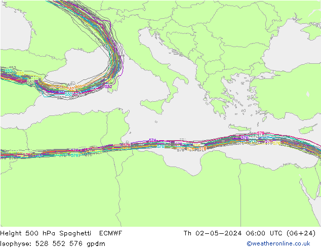 Height 500 hPa Spaghetti ECMWF Do 02.05.2024 06 UTC