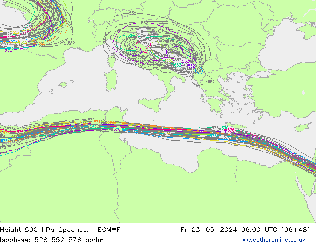 Height 500 hPa Spaghetti ECMWF Fr 03.05.2024 06 UTC