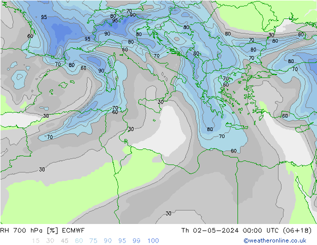 RH 700 гПа ECMWF чт 02.05.2024 00 UTC