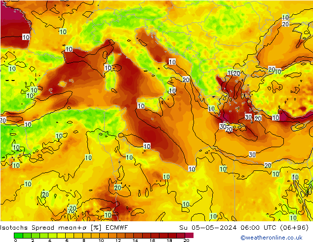 Isotachen Spread ECMWF zo 05.05.2024 06 UTC