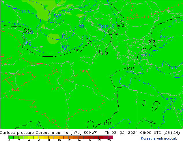 Pressione al suolo Spread ECMWF gio 02.05.2024 06 UTC