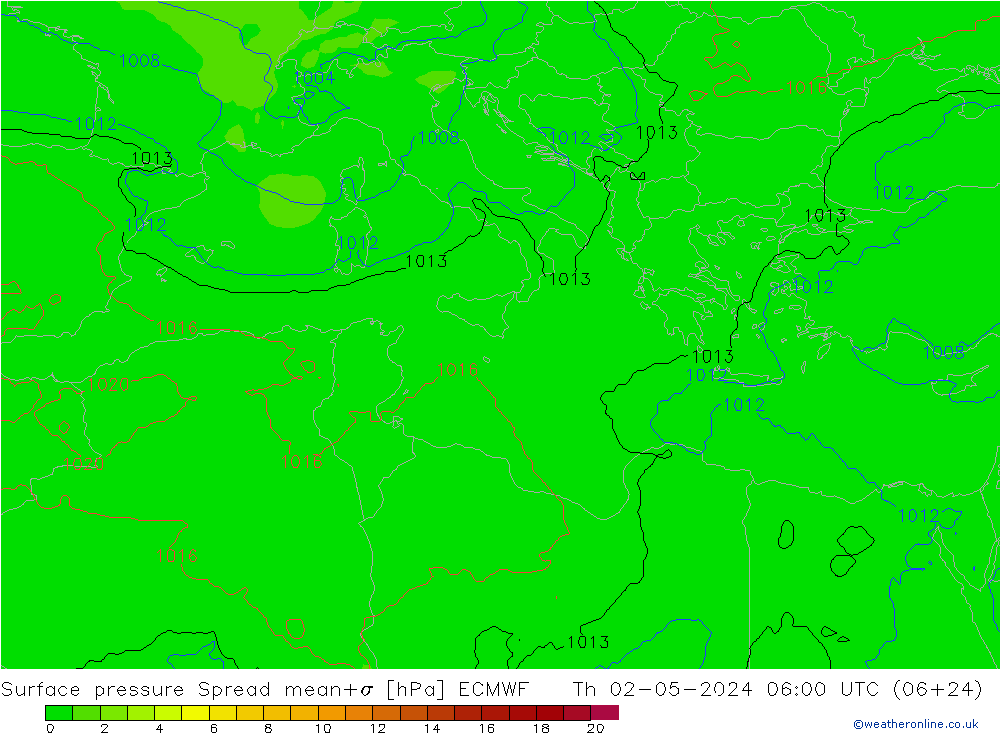 Pressione al suolo Spread ECMWF gio 02.05.2024 06 UTC