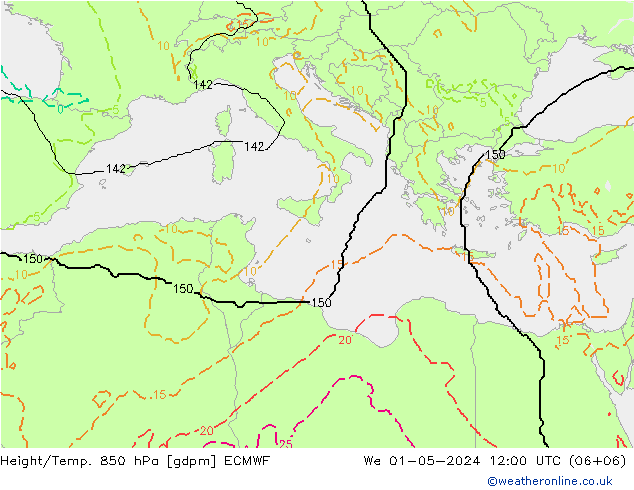 Height/Temp. 850 hPa ECMWF Mi 01.05.2024 12 UTC