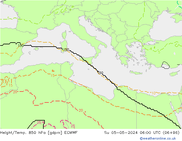 Hoogte/Temp. 850 hPa ECMWF zo 05.05.2024 06 UTC