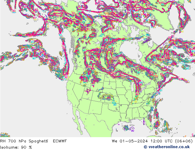 Humidité rel. 700 hPa Spaghetti ECMWF mer 01.05.2024 12 UTC