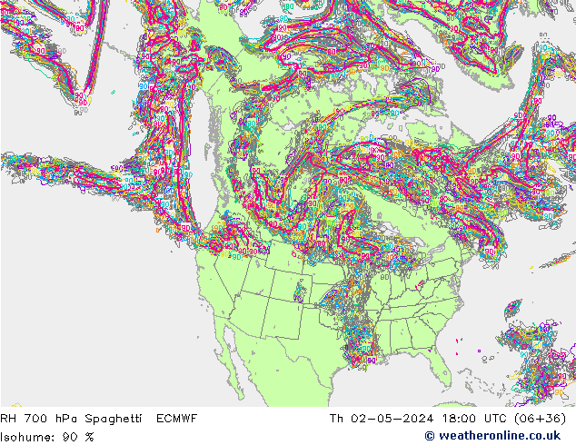 RH 700 hPa Spaghetti ECMWF  02.05.2024 18 UTC