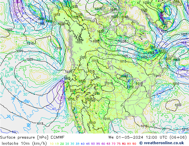 Isotachs (kph) ECMWF Qua 01.05.2024 12 UTC