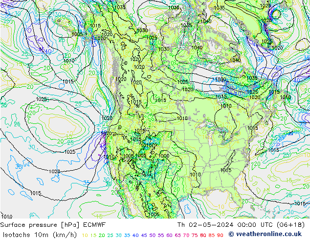 Isotachs (kph) ECMWF Qui 02.05.2024 00 UTC