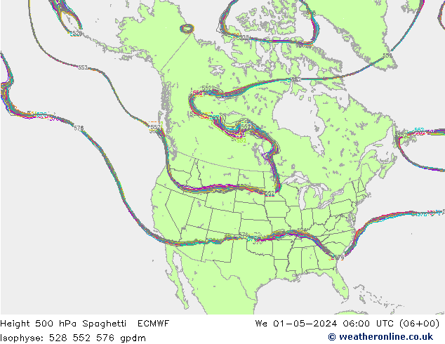 Height 500 hPa Spaghetti ECMWF We 01.05.2024 06 UTC