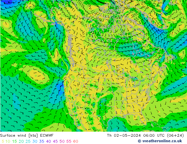 Vento 10 m ECMWF gio 02.05.2024 06 UTC