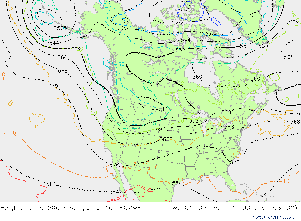 Height/Temp. 500 hPa ECMWF Mi 01.05.2024 12 UTC