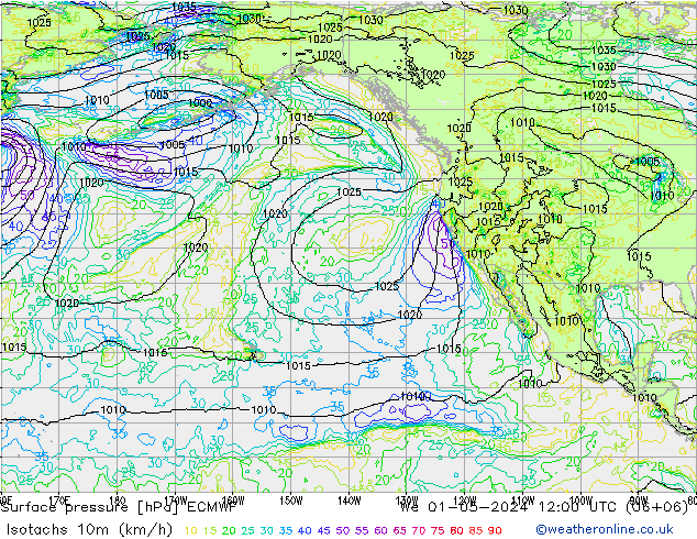 Isotaca (kph) ECMWF mié 01.05.2024 12 UTC