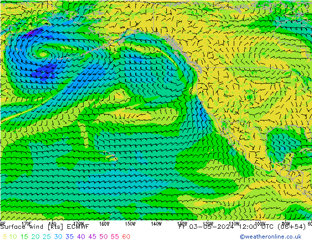 Surface wind ECMWF Pá 03.05.2024 12 UTC