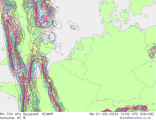RH 700 hPa Spaghetti ECMWF Mi 01.05.2024 12 UTC