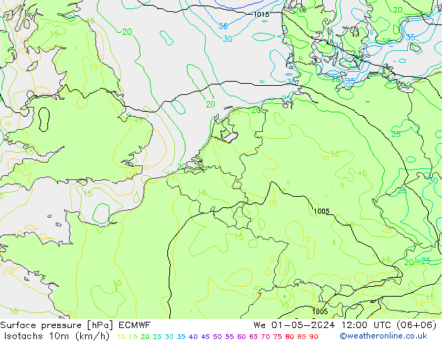 Isotachs (kph) ECMWF We 01.05.2024 12 UTC