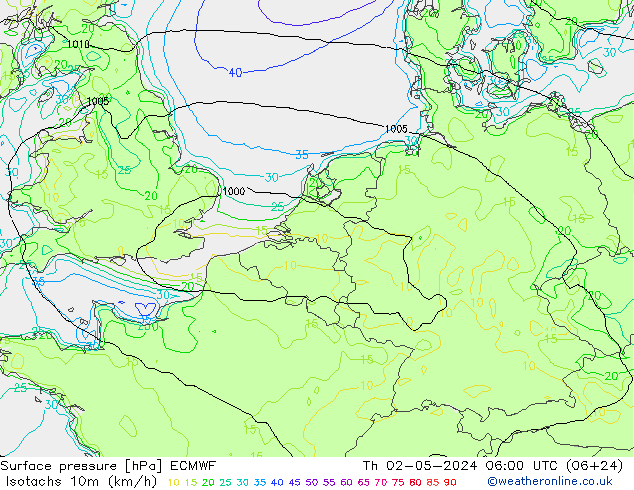 Isotachen (km/h) ECMWF Do 02.05.2024 06 UTC