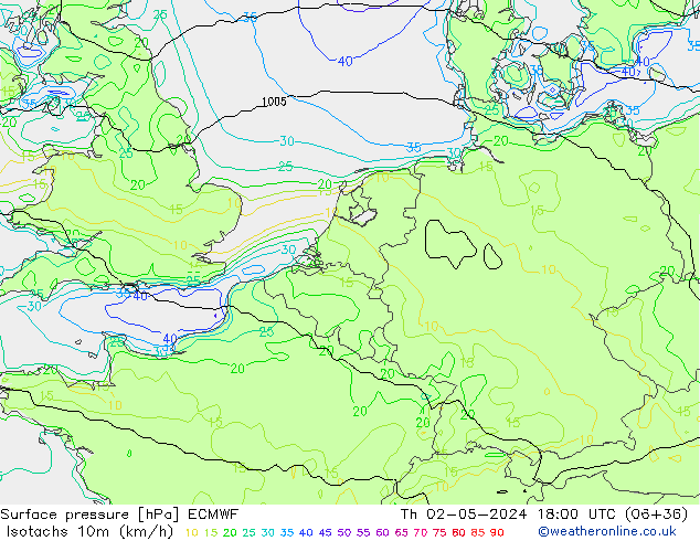 Isotachs (kph) ECMWF gio 02.05.2024 18 UTC