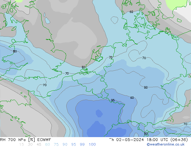 Humidité rel. 700 hPa ECMWF jeu 02.05.2024 18 UTC