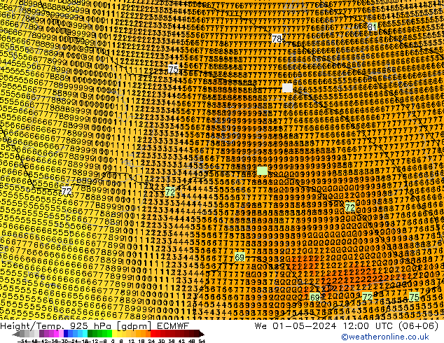 Height/Temp. 925 hPa ECMWF We 01.05.2024 12 UTC