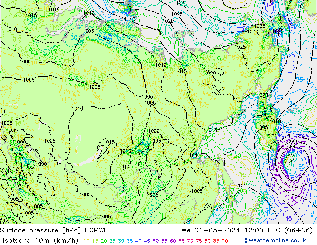 Izotacha (km/godz) ECMWF śro. 01.05.2024 12 UTC