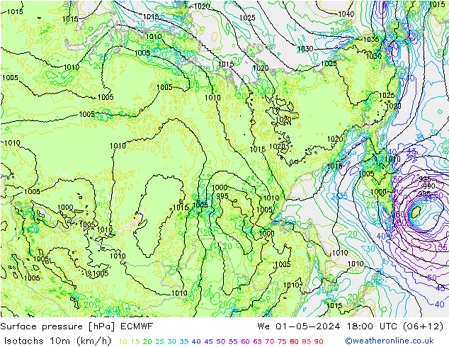 Isotachs (kph) ECMWF We 01.05.2024 18 UTC