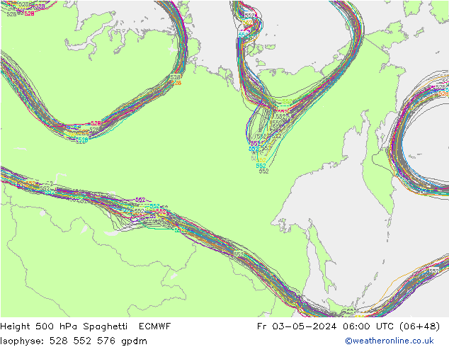 Hoogte 500 hPa Spaghetti ECMWF vr 03.05.2024 06 UTC