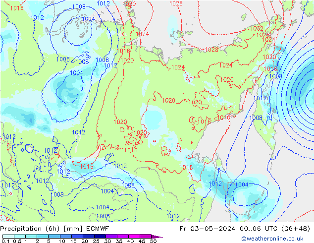 Totale neerslag (6h) ECMWF vr 03.05.2024 06 UTC