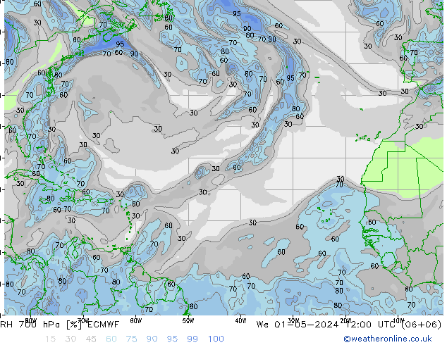 RH 700 hPa ECMWF Qua 01.05.2024 12 UTC