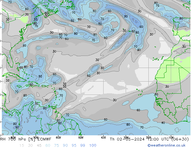 RH 700 hPa ECMWF gio 02.05.2024 12 UTC