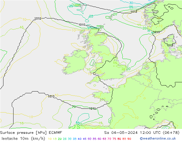 Isotachen (km/h) ECMWF za 04.05.2024 12 UTC