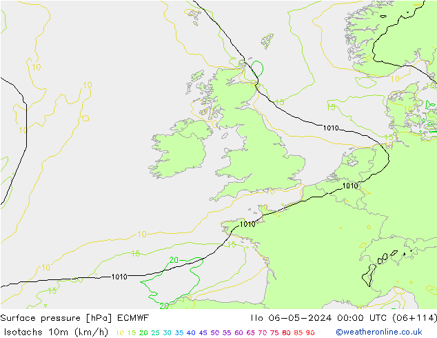 Isotachs (kph) ECMWF пн 06.05.2024 00 UTC