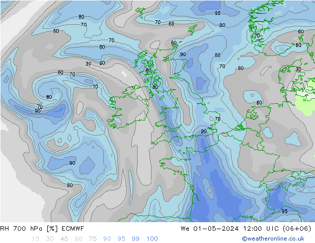 RH 700 hPa ECMWF We 01.05.2024 12 UTC