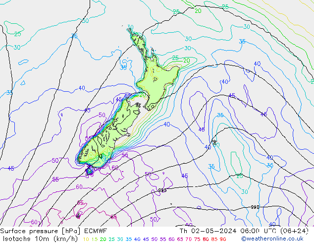 Isotachs (kph) ECMWF Th 02.05.2024 06 UTC