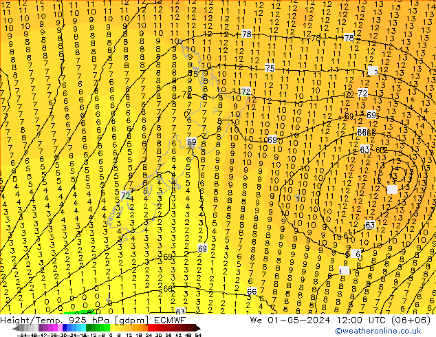 Height/Temp. 925 hPa ECMWF śro. 01.05.2024 12 UTC