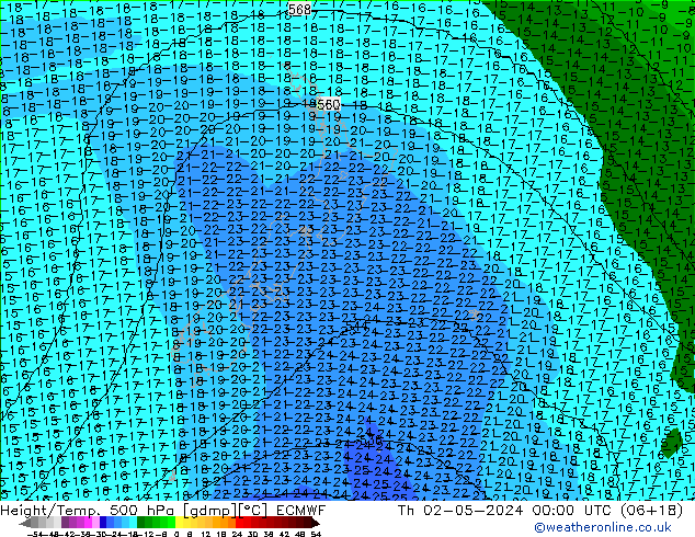 Height/Temp. 500 hPa ECMWF Čt 02.05.2024 00 UTC