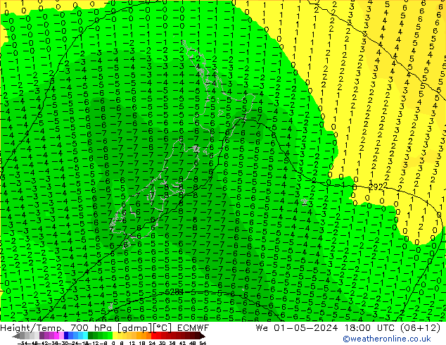 Height/Temp. 700 hPa ECMWF śro. 01.05.2024 18 UTC