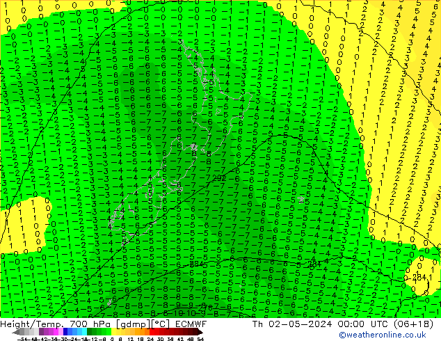 Height/Temp. 700 hPa ECMWF Th 02.05.2024 00 UTC