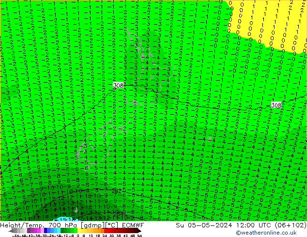 Géop./Temp. 700 hPa ECMWF dim 05.05.2024 12 UTC