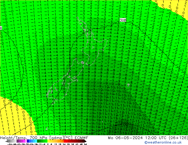 Height/Temp. 700 hPa ECMWF pon. 06.05.2024 12 UTC