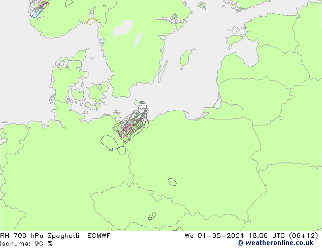 RH 700 hPa Spaghetti ECMWF śro. 01.05.2024 18 UTC