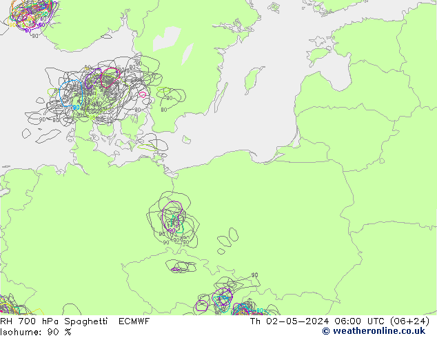 RH 700 гПа Spaghetti ECMWF чт 02.05.2024 06 UTC