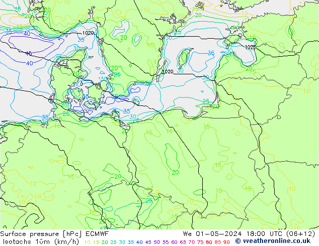 Isotachs (kph) ECMWF Qua 01.05.2024 18 UTC