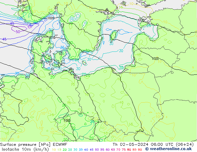 Isotachs (kph) ECMWF чт 02.05.2024 06 UTC