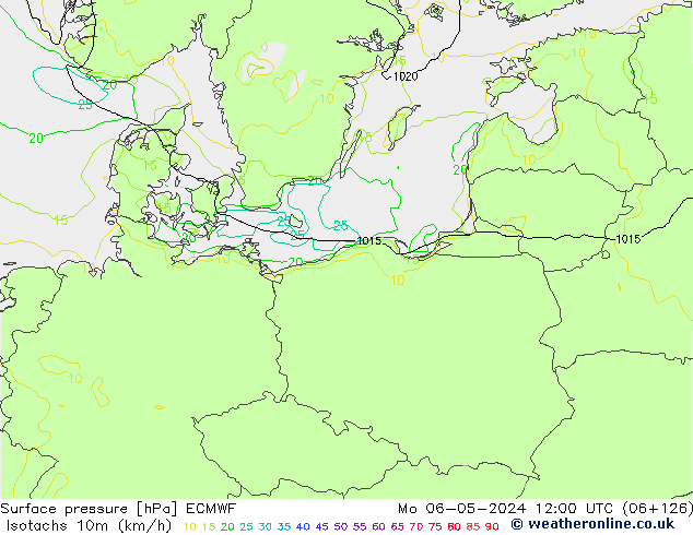 Izotacha (km/godz) ECMWF pon. 06.05.2024 12 UTC