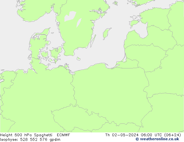 Height 500 гПа Spaghetti ECMWF чт 02.05.2024 06 UTC