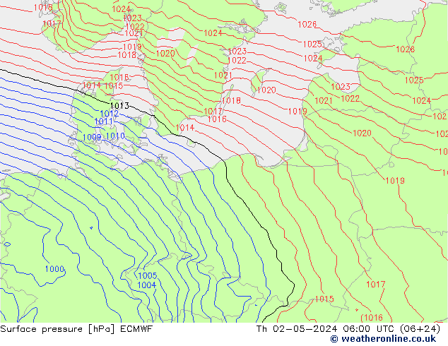 Surface pressure ECMWF Th 02.05.2024 06 UTC