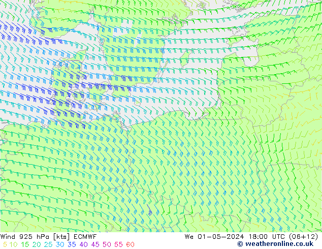 wiatr 925 hPa ECMWF śro. 01.05.2024 18 UTC