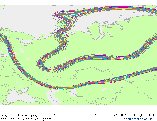 Height 500 hPa Spaghetti ECMWF Fr 03.05.2024 06 UTC